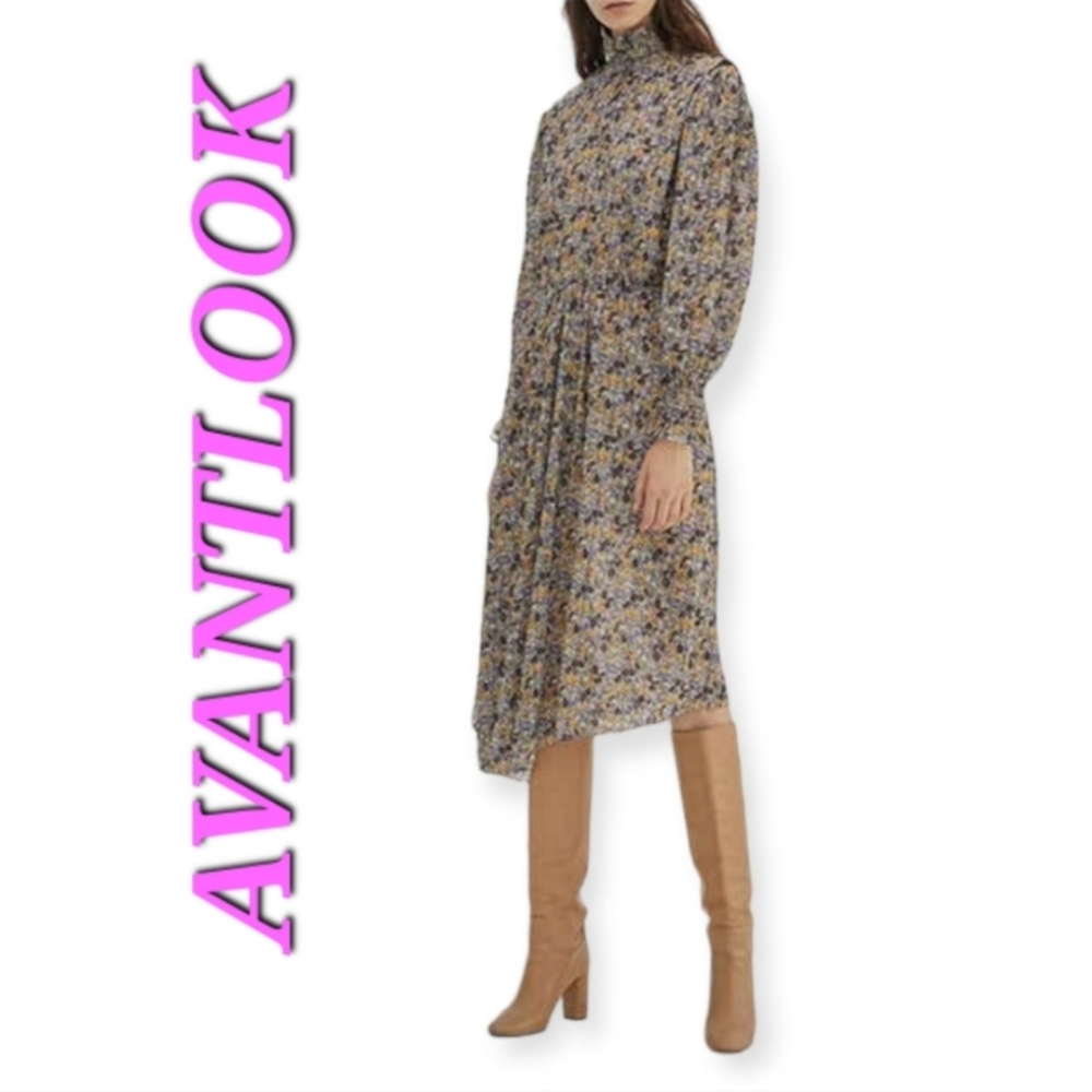 AVANTLOOK Mock Neck Long Sleeve Print Midi Dress front split
